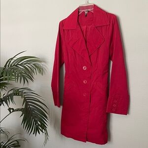 Ambition Bold Red Trench Coat Rain Coat Button Down Tie Waist Pockets - Size M